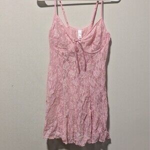 Inner Secrets Pink Sheer Lace Babydoll Slip/Dress Size L Lingerie Underwire